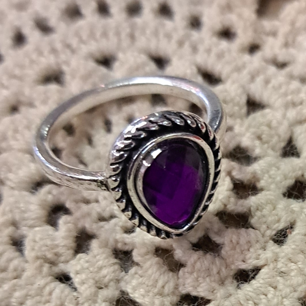 Steel Teardrop Ring with Purple Stone